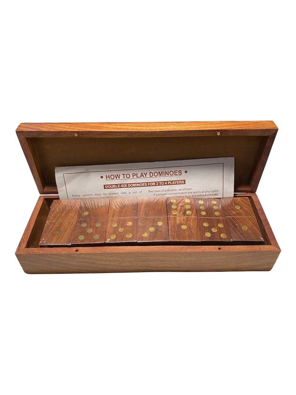 New Dominoes Game In Wooden Box Sealed Brown with Gold Instructions Games Wood
